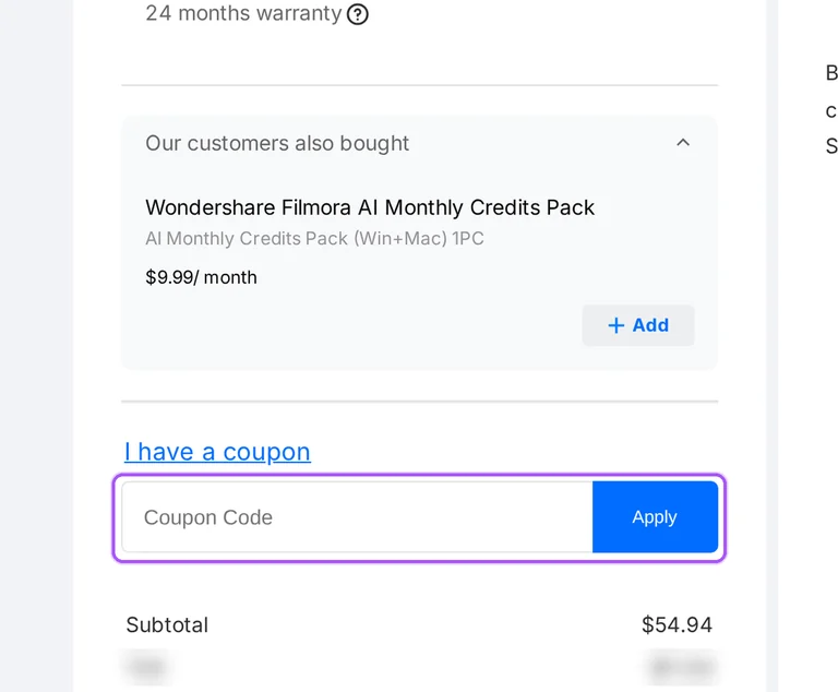 Where to enter a Wondershare promo code on the Wondershare checkout page