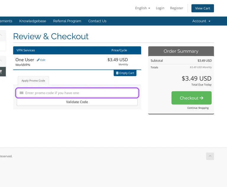 Where to enter a WorldVPN promo code on the WorldVPN checkout page