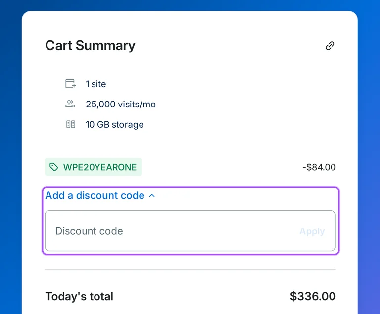 Where to enter a WP Engine promo code on the WP Engine checkout page