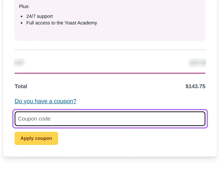 Where to enter a Yoast SEO promo code on the Yoast SEO checkout page