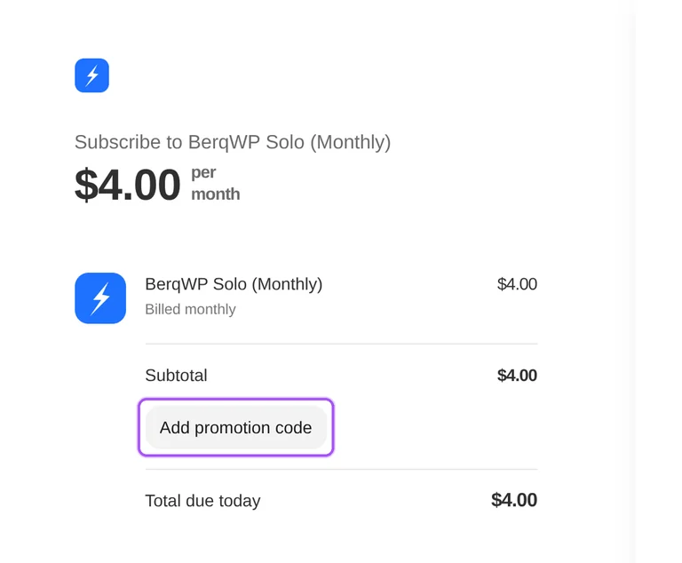 BerqWP promo code checkout Where to enter a BerqWP promo code on the BerqWP checkout page