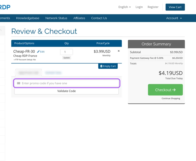 BuyCheapRDP promo code checkout Where to enter a BuyCheapRDP promo code on the BuyCheapRDP checkout page