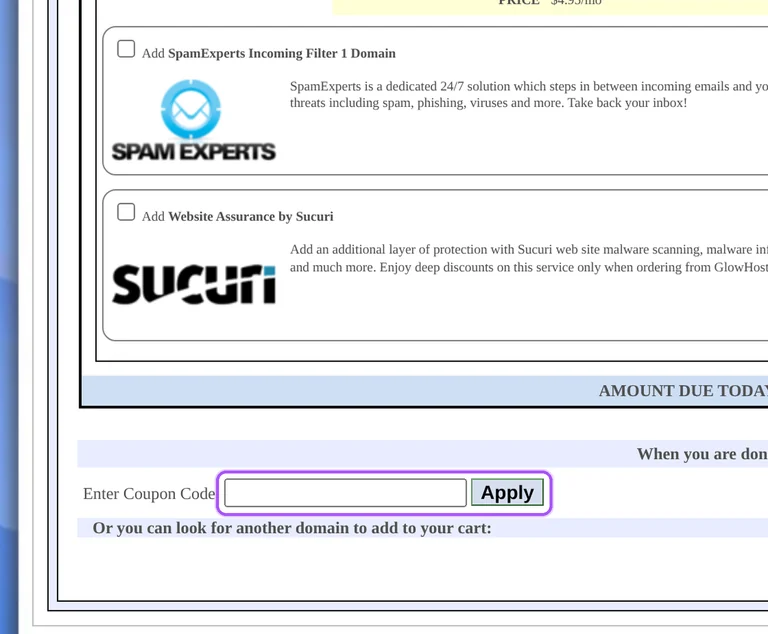 Glowhost promo code checkout Where to enter a Glowhost promo code on the Glowhost checkout page
