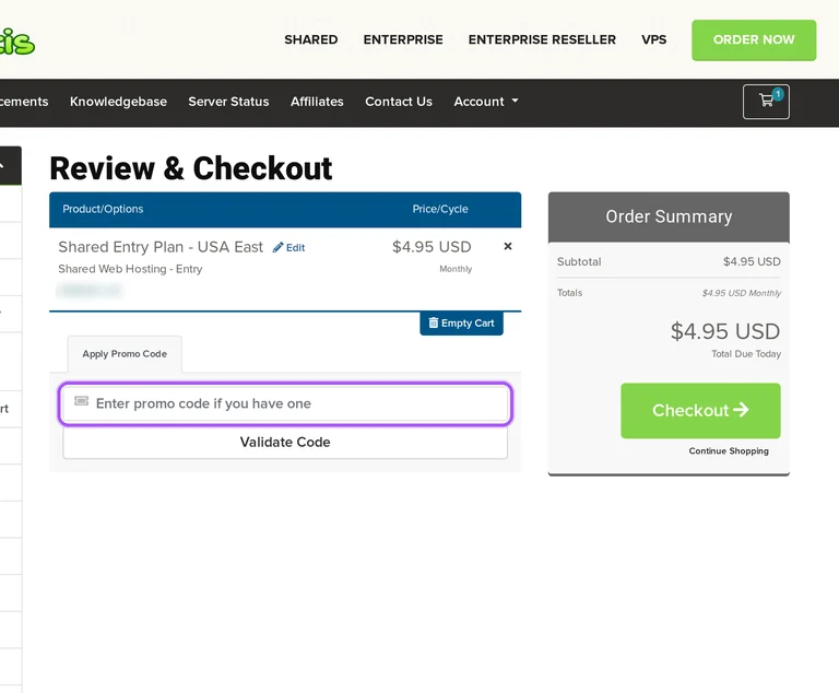 HostMantis promo code checkout Where to enter a HostMantis promo code on the HostMantis checkout page