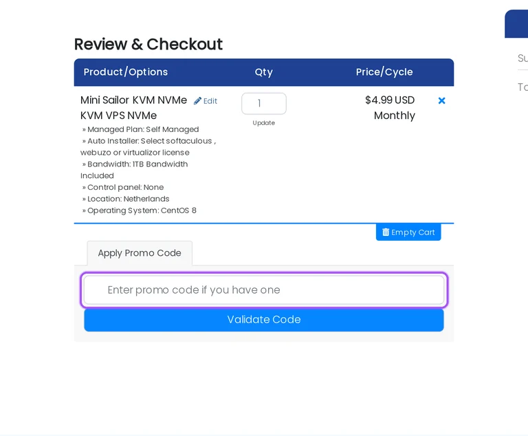 HostSailor promo code checkout Where to enter a HostSailor promo code on the HostSailor checkout page