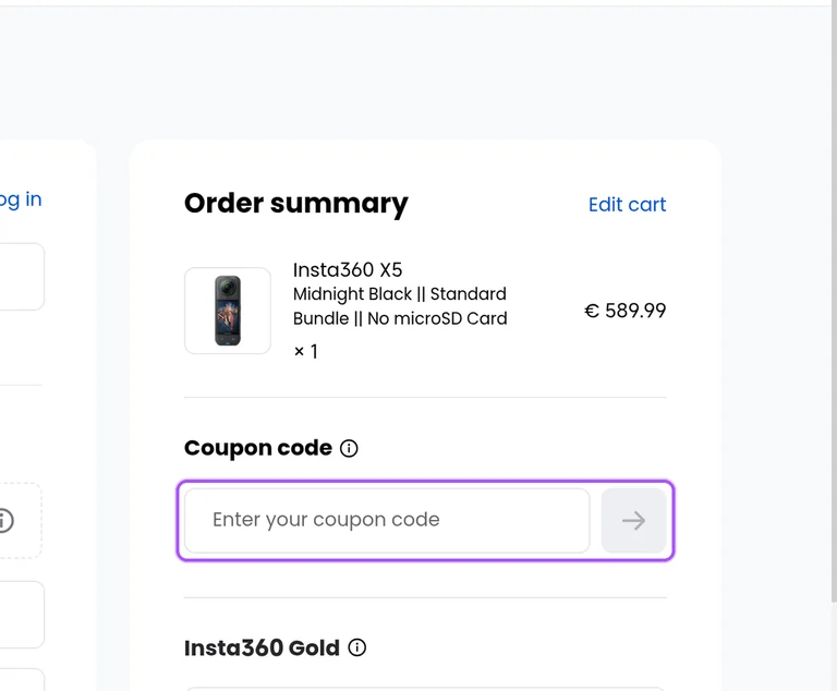 Insta360 promo code checkout Where to enter a Insta360 promo code on the Insta360 checkout page