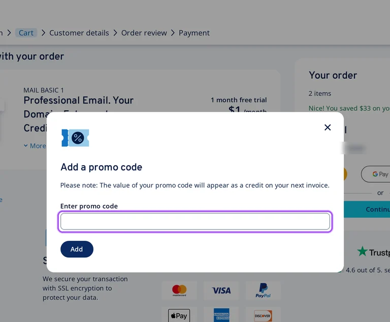 IONOS promo code checkout Where to enter a IONOS promo code on the IONOS checkout page