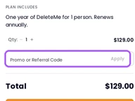 DeleteMe coupon code field at checkout