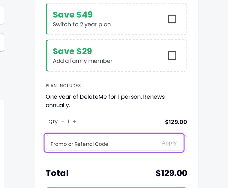 DeleteMe promo code checkout Where to enter a DeleteMe promo code on the DeleteMe checkout page