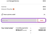 LegalZoom coupon code field at checkout