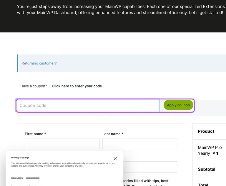 MainWP promo code checkout Where to enter a MainWP promo code on the MainWP checkout page