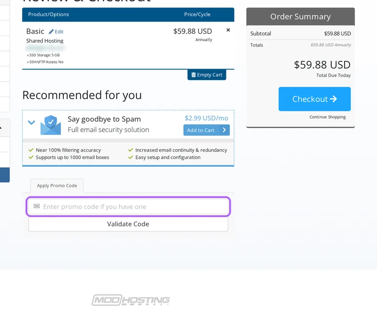 MDDHosting promo code checkout Where to enter a MDDHosting promo code on the MDDHosting checkout page