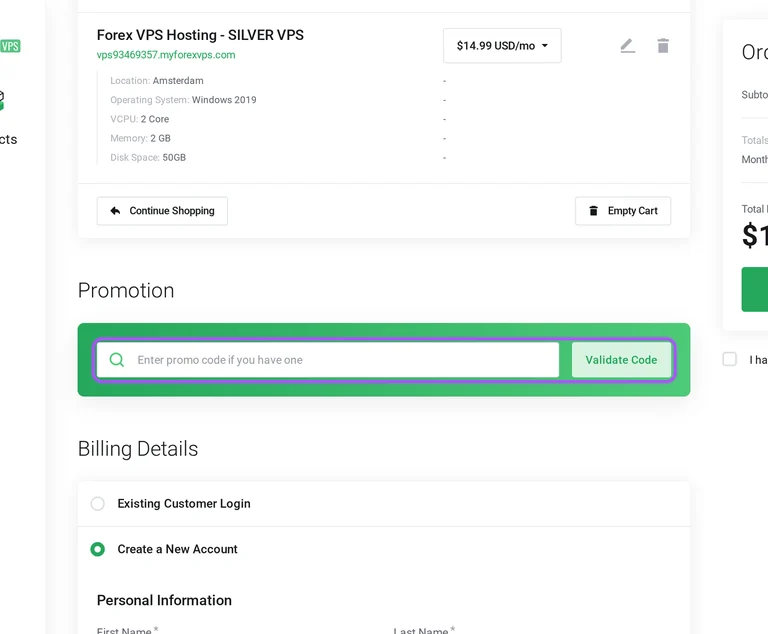 MyForexVPS promo code checkout Where to enter a MyForexVPS promo code on the MyForexVPS checkout page