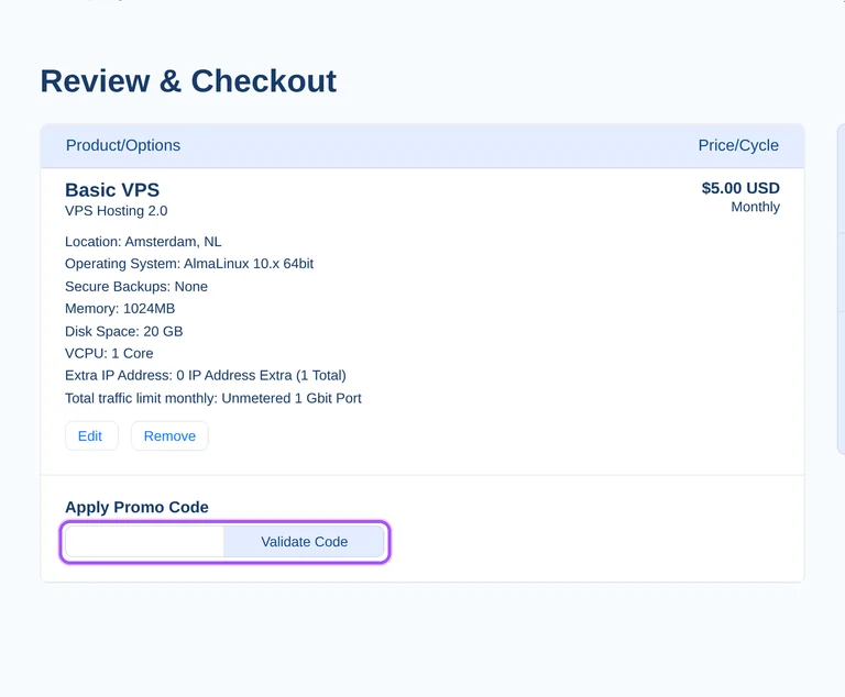OneVPS promo code checkout Where to enter an OneVPS promo code on the OneVPS checkout page