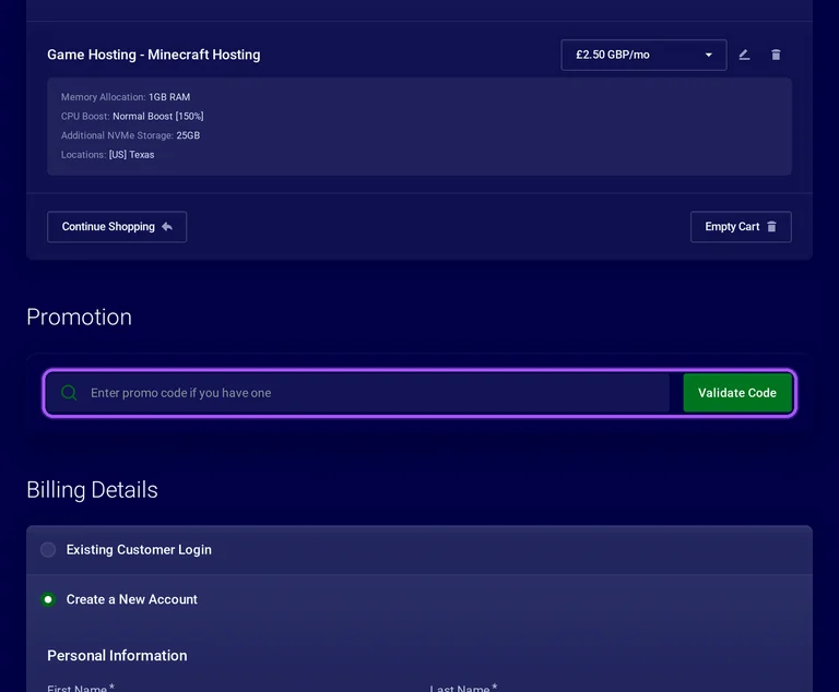 Pine Hosting promo code checkout Where to enter a Pine Hosting promo code on the Pine Hosting checkout page