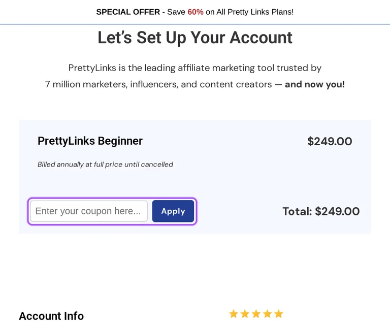 Pretty Link Pro promo code checkout Where to enter a Pretty Link Pro promo code on the Pretty Link Pro checkout page