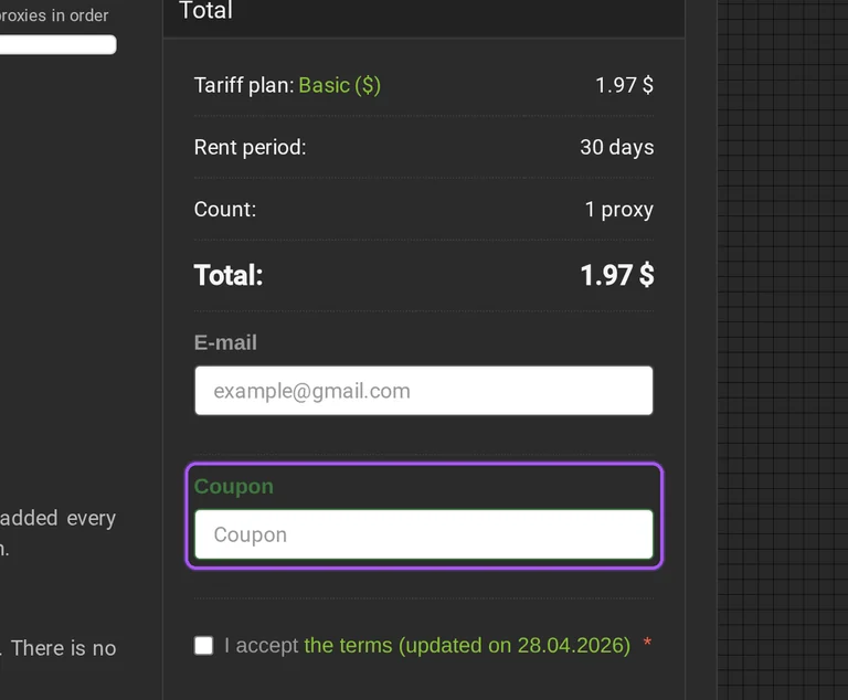Proxys.io promo code checkout Where to enter a Proxys.io promo code on the Proxys.io checkout page