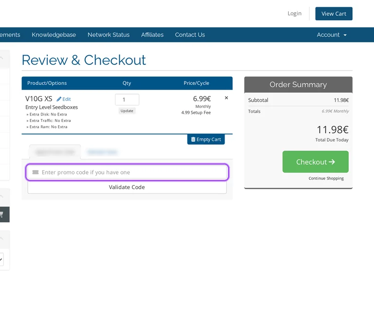 Pulsed Media promo code checkout Where to enter a Pulsed Media promo code on the Pulsed Media checkout page