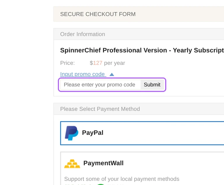 SpinnerChief promo code checkout Where to enter a SpinnerChief promo code on the SpinnerChief checkout page