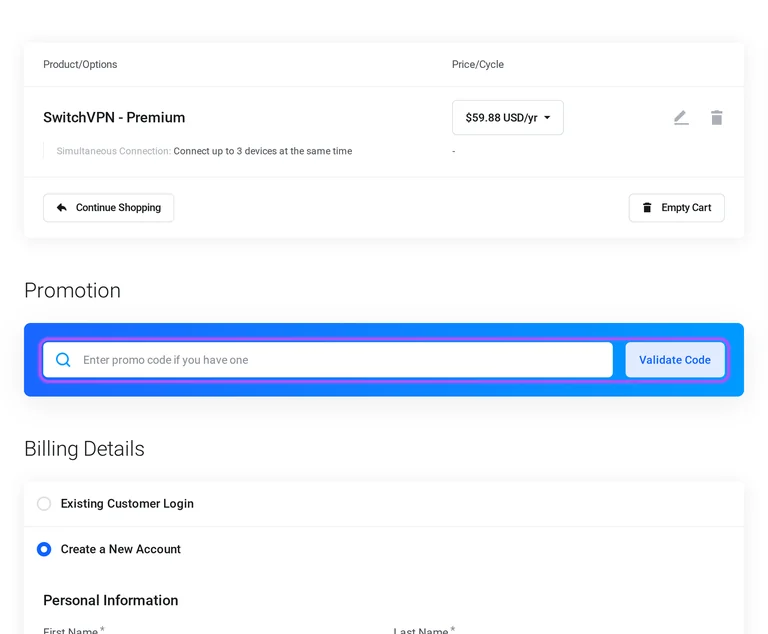 SwitchVPN promo code checkout Where to enter a SwitchVPN promo code on the SwitchVPN checkout page
