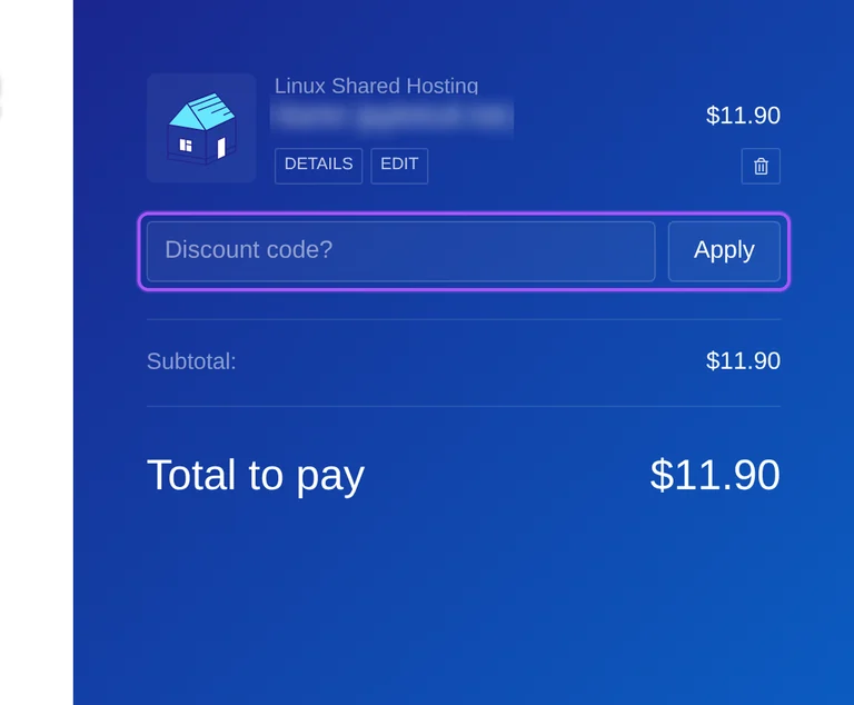 TMDHosting promo code checkout Where to enter a TMDHosting promo code on the TMDHosting checkout page