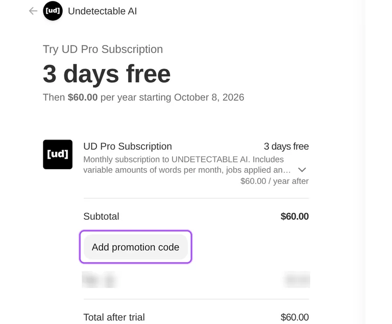 Undetectable.ai promo code checkout Where to enter a Undetectable.ai promo code on the Undetectable.ai checkout page