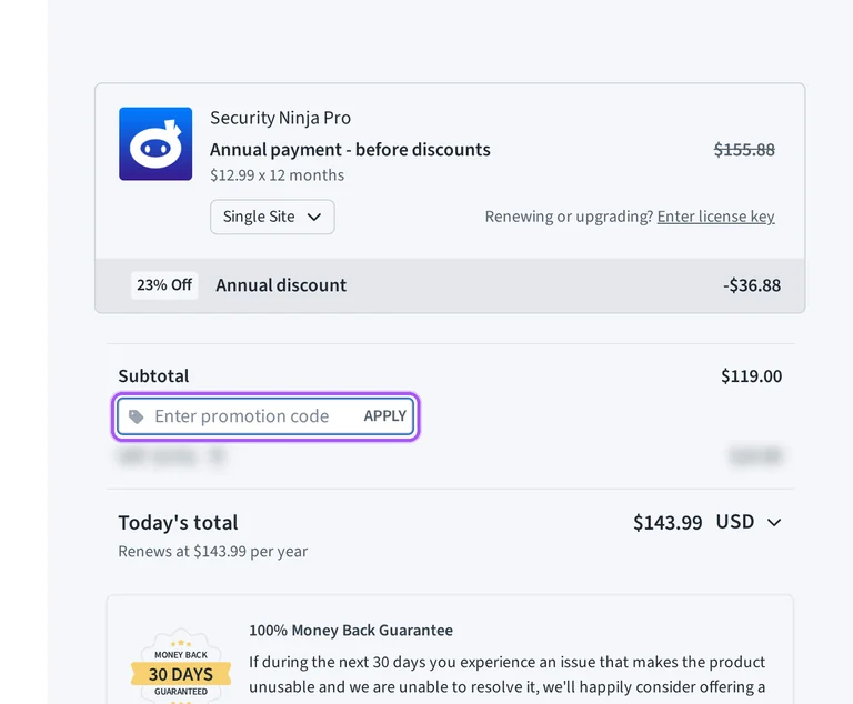 WP Security Ninja promo code checkout Where to enter a WP Security Ninja promo code on the WP Security Ninja checkout page