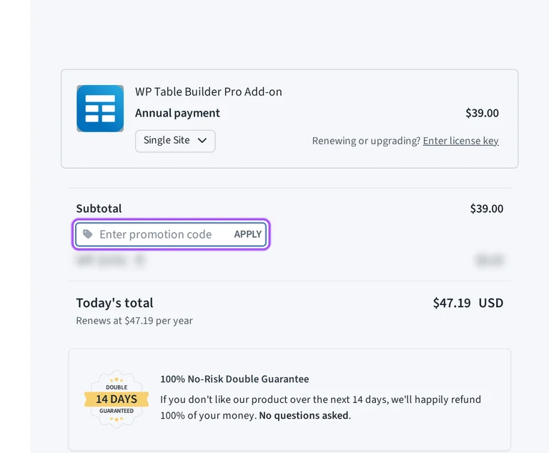 WP Table Builder promo code checkout Where to enter a WP Table Builder promo code on the WP Table Builder checkout page