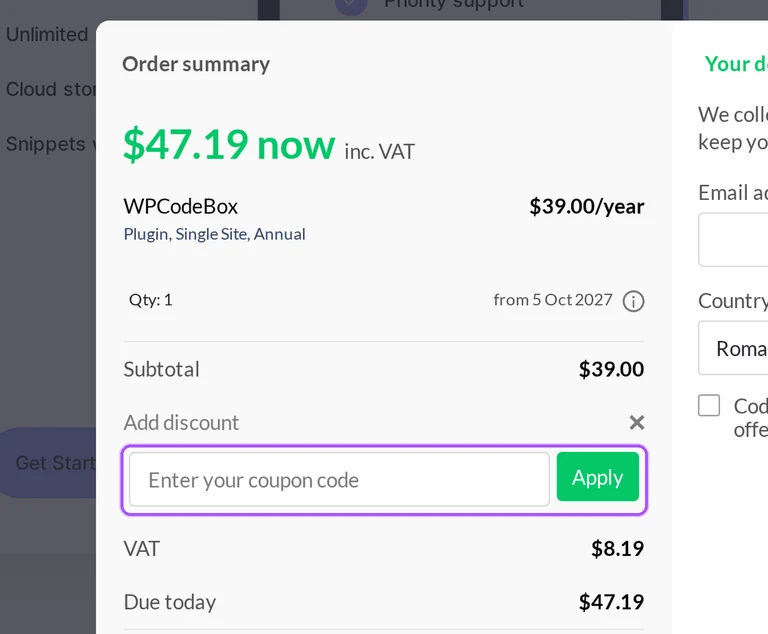 WPCodeBox promo code checkout Where to enter a WPCodeBox promo code on the WPCodeBox checkout page